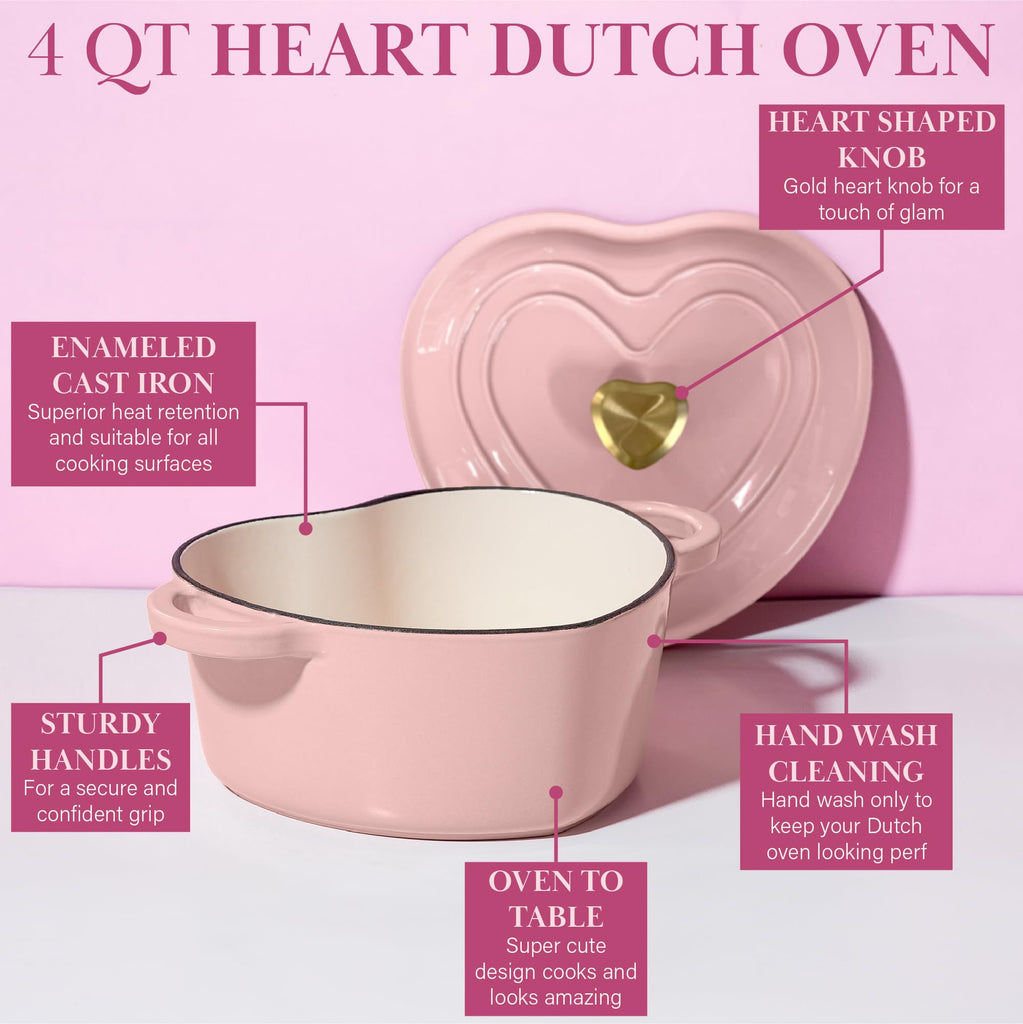 Enameled Cast Iron Dutch Oven Pot with Lid, Heart-Shaped Dutch Oven, Durable Cast Iron Pot with Dual Handles, Oven