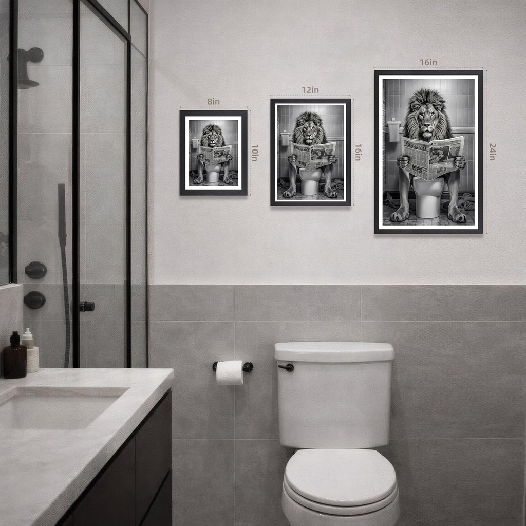 Wood Framed Funny Lion Bathroom Wall Art, Lion Reading Newspaper Toilet Wall Decor, Black and White Bathroom Canvas