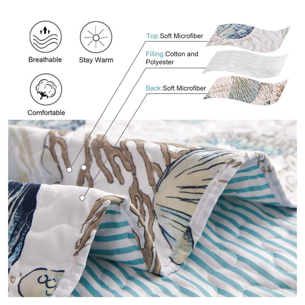 Coastal Quilt Set Beach Themed Bedding Summer Quilts Set Lightweight Reversible Bedspread Coverlets