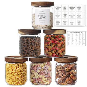 16 OZ Stackable Glass Food Storage Jars with 132 Pantry Labels Preprinted - 6 Pcs Thicken Glass Storage Containers