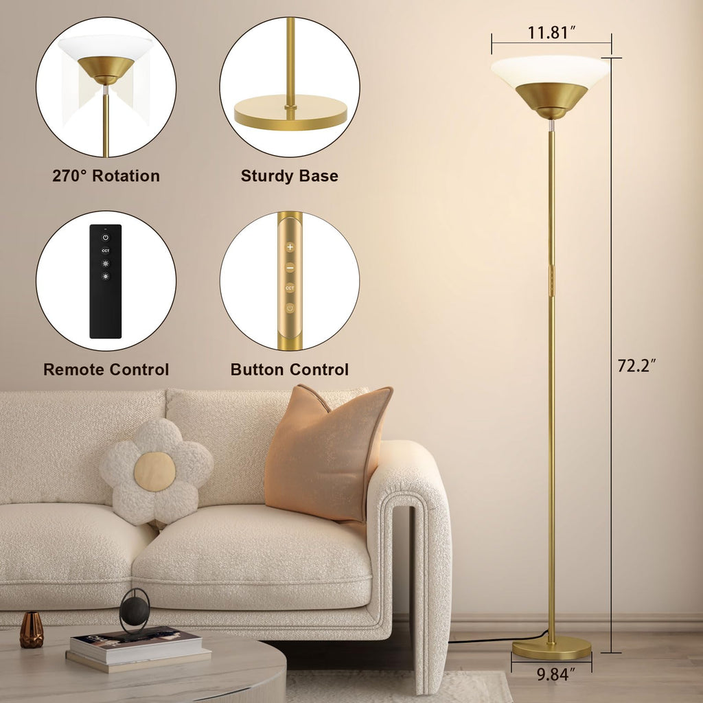 Torchiere Floor Lamp, 30W Dimmable LED Standing Lamp with Remote/Button Control, 1800Lm - 72in Bright