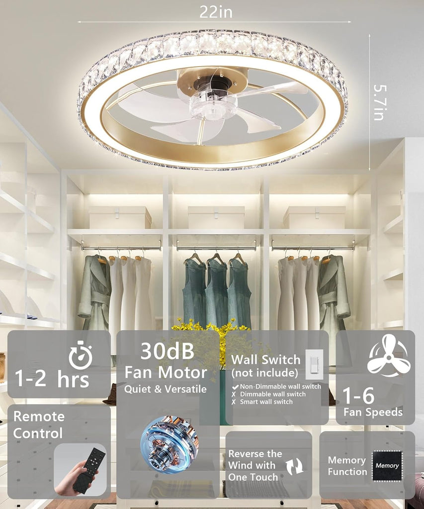 Low Profile Modern Crystal Chandelier Ceiling Fans with Lights and Remote, 3000K-6500K Smart Bladeless LED Fan Light