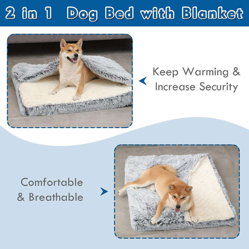 Dog Bed with Cover Cave, Orthopedic Dog Bed with Blanket, 33.5 * Rectangle Pet Crate Cozy Cuddler Mat