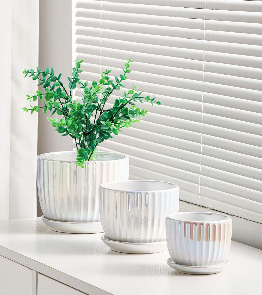 Plant Pots, Ceramic Flower Pots with Drainage Holes & Saucer Set of 3(Pearl)