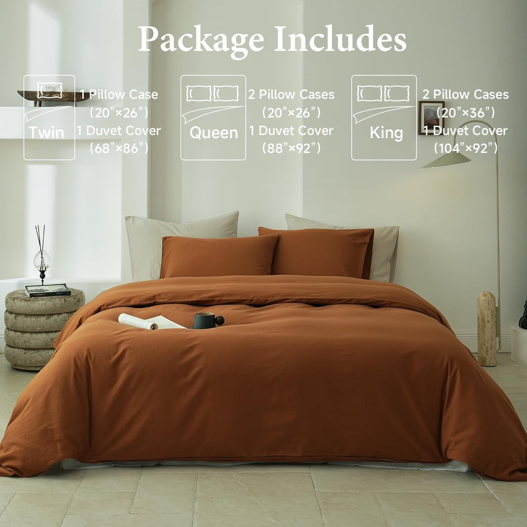 100% Washed Cotton Duvet Cover Set 3pcs Linen Feel Duvet Cover Breathable Durable Comfy Twill Bedding