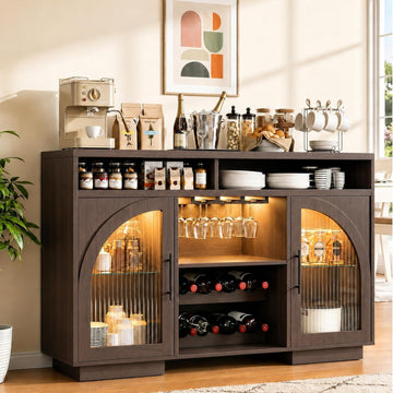 54" Coffee Bar Cabinet with Storage, LED Lights and Arched Glass Doors | Brown Wine Bar Cabinet with Wine Rack and