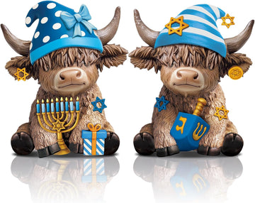 Highland Cow Figurines Resin, Hanukkah Decor Desk - Set of 2