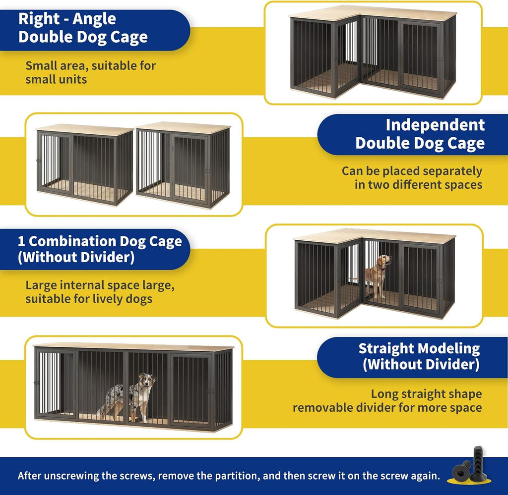 Dog Crate Furniture for 2 Dogs, Large Dog Kennel Furniture with Dividers and Double Doors, All Steel Frame