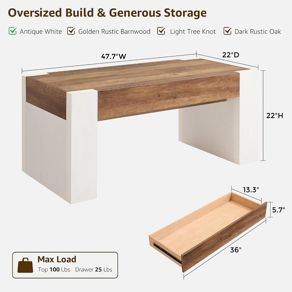 48" Modern Farmhouse Coffee Table, Wooden Living Room Table with Hidden Storage Drawer