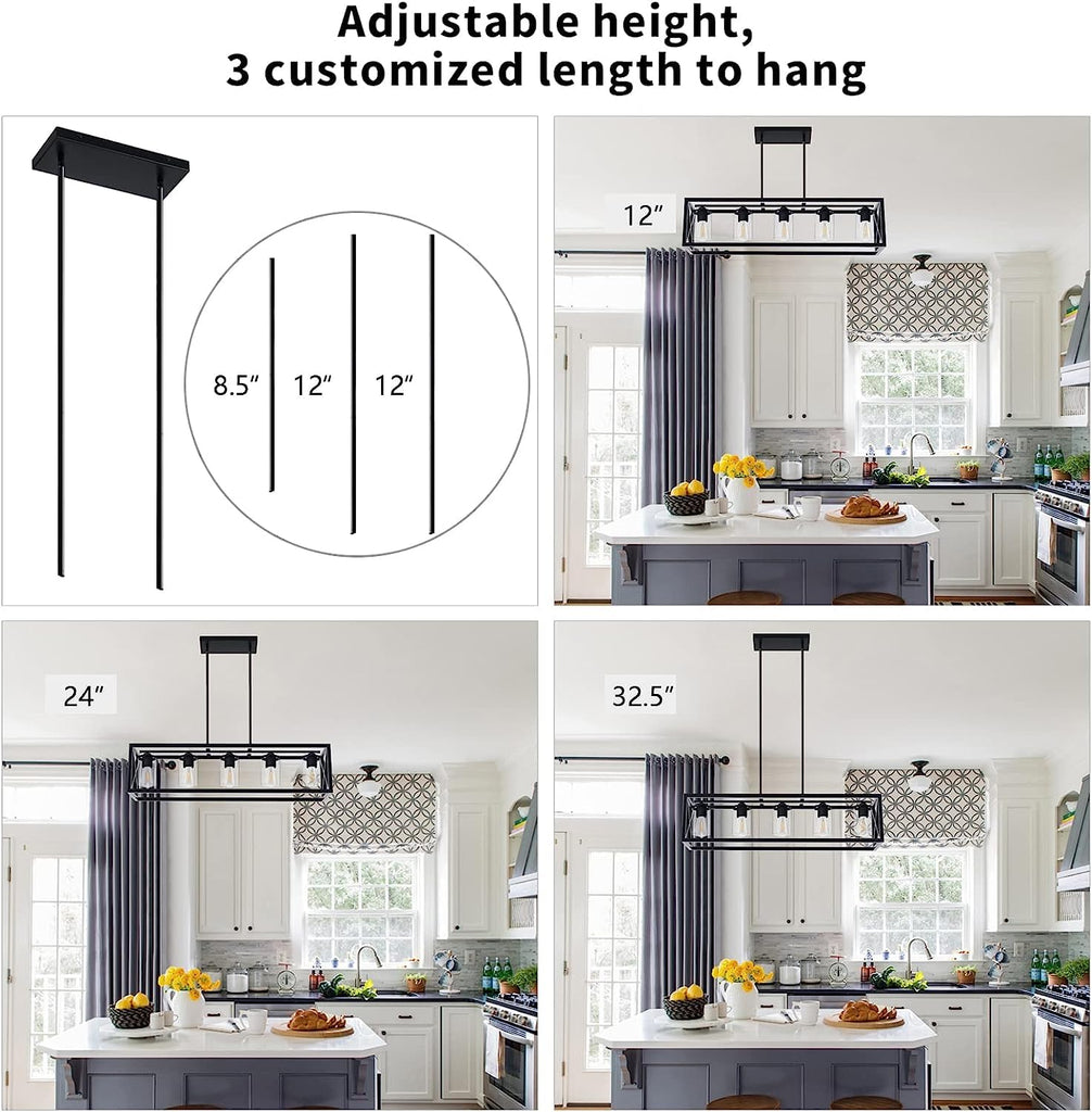 Farmhouse Dining Room Light Fixture - 5 Light Matte Black Rectangle Light Fixture with Adjustable Height & Thickened