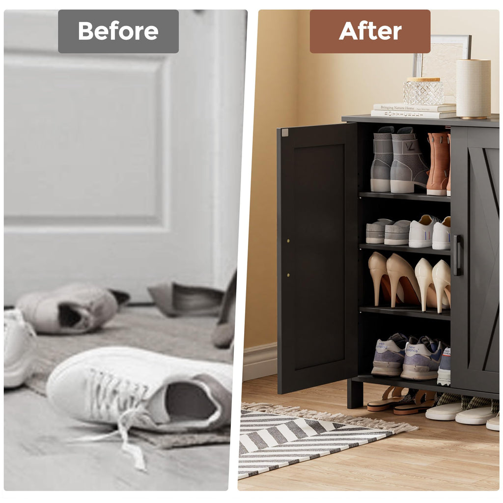Farmhouse Shoe Cabinet with 2 Barn Doors & Wood Legs