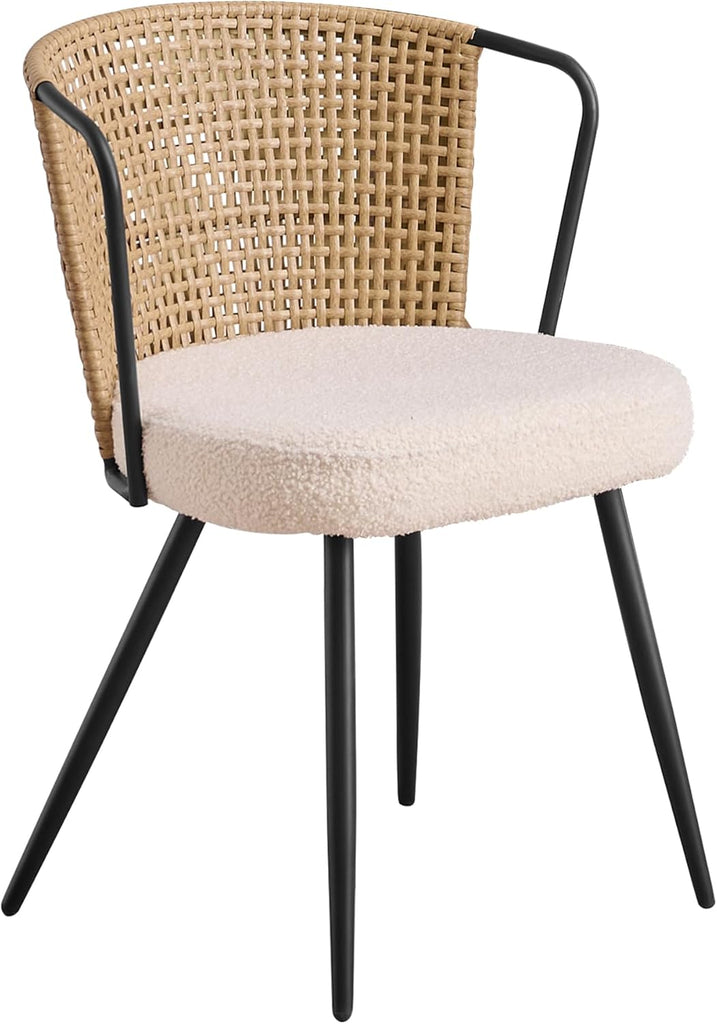 BedsPick Rattan Dining Chairs Set of 2 - Farmhouse Upholstered Cane Back Kitchen Chair with Boucle Cushion