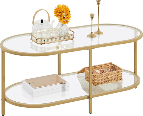 42" Oval Glass Coffee Table, 2-Tier Center Table with Storage Shelf for Small Space, Office