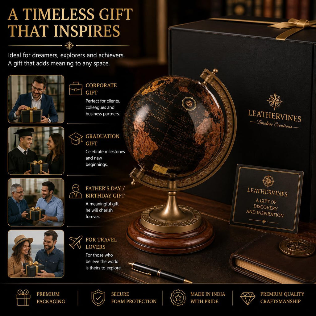 Antique-Style Decorative World Globe - Black and Gold Rotating Globe with Cast Aluminium Meridian and Wooden Base