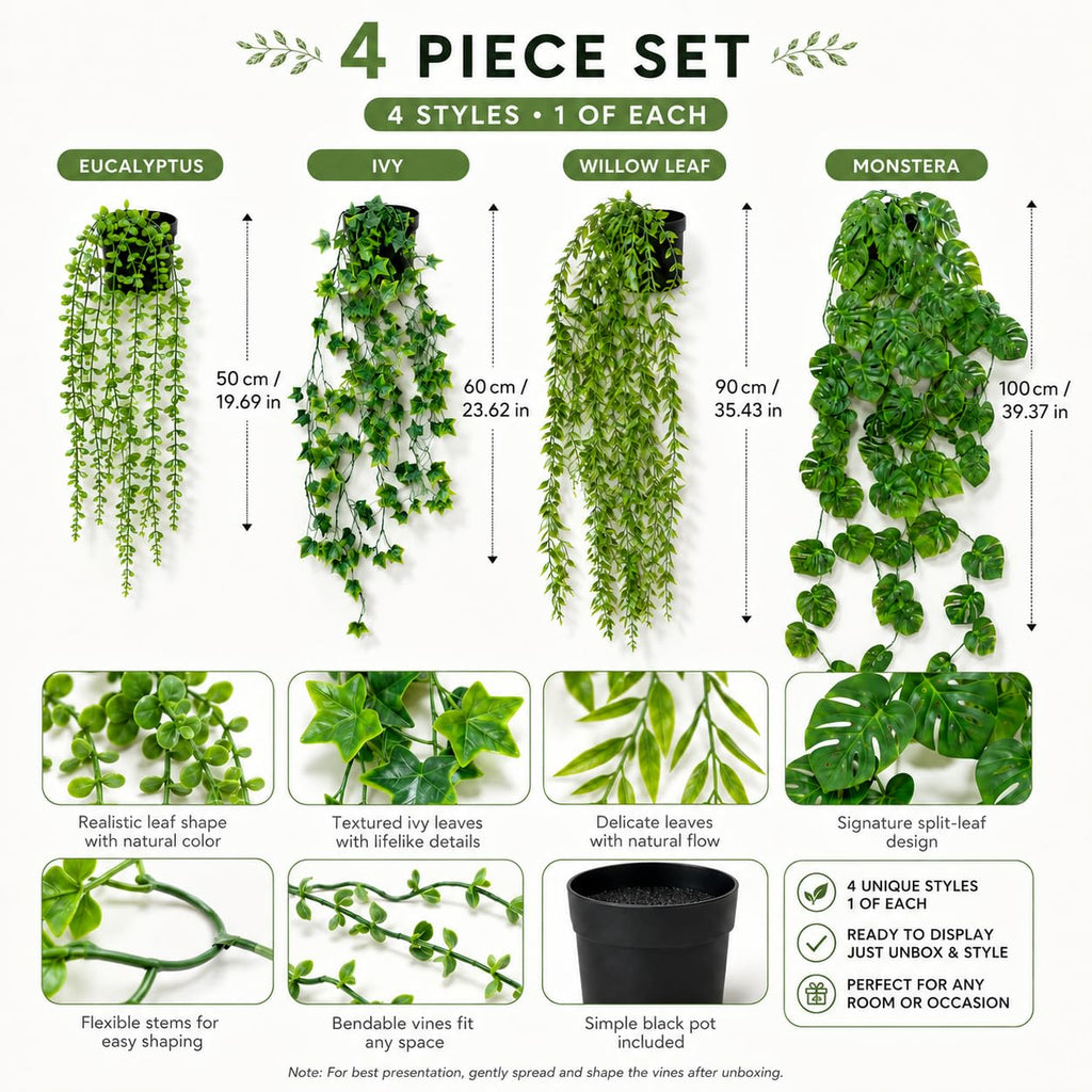 Fake Plants Artificial Indoor Faux Hanging Plants Greenery Eucalyptus Green Décor 4 Pack Bathroom Farmhouse Room
