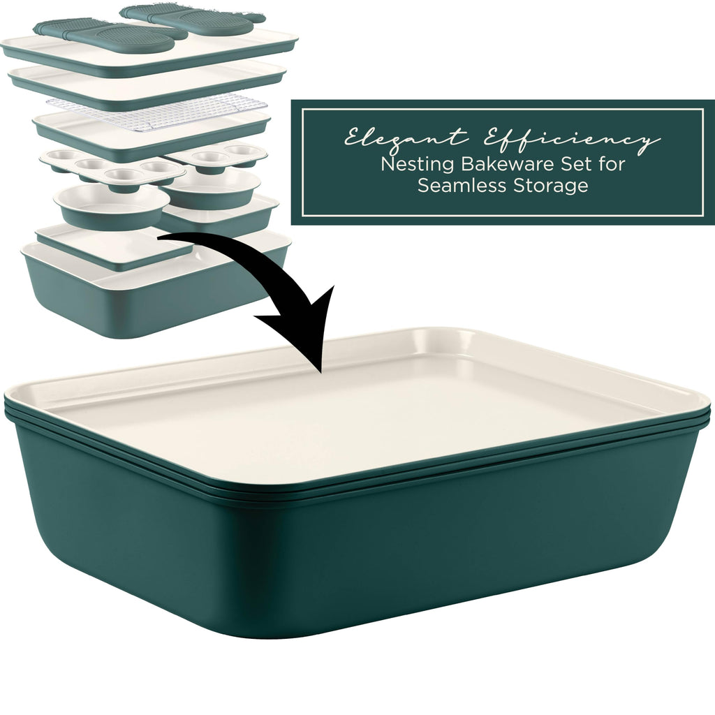 Nonstick Stackable Bakeware Set - Deluxe Heavy Duty, Durable, Easy Release Baking Set, Sage, 13 Pcs