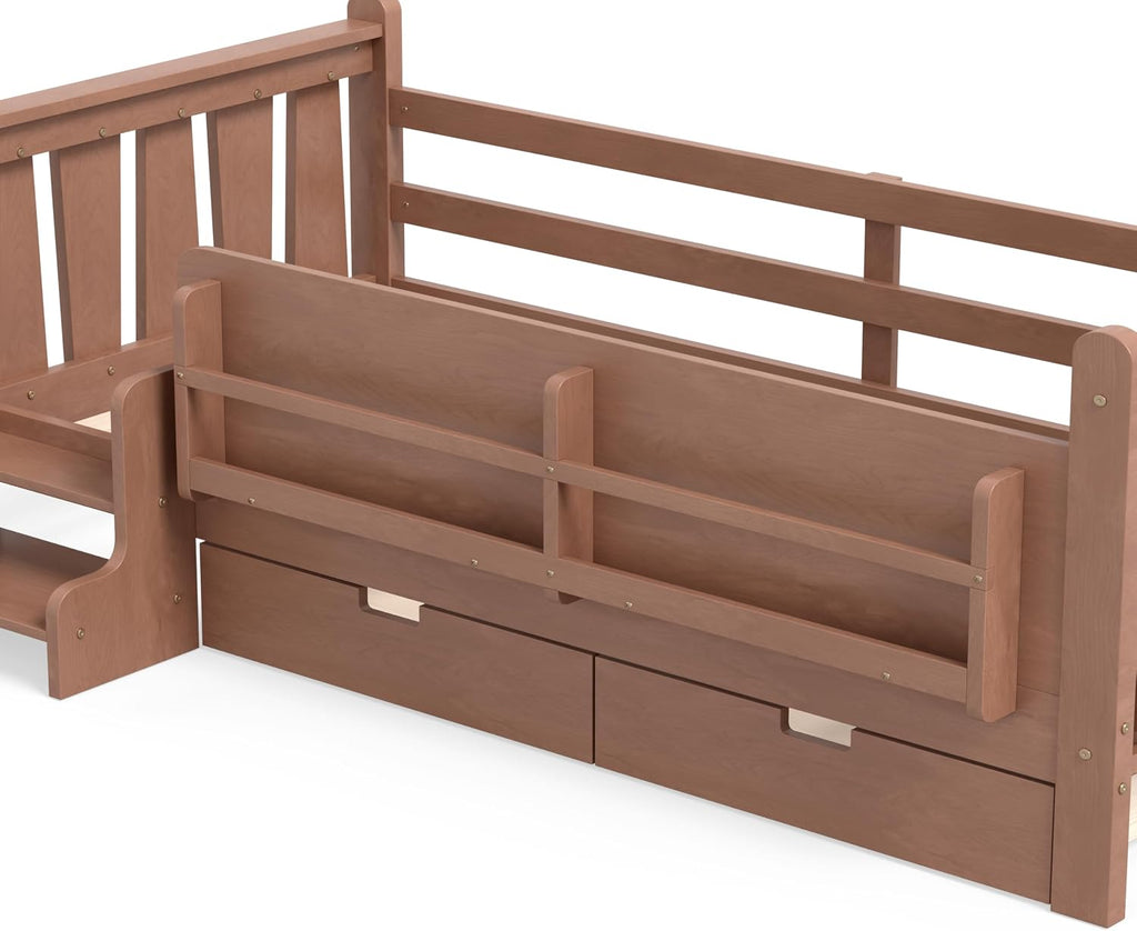 Floor Bed with Storage Bookcase and Drawers, Solid Wood Platform Bed with Guardrails, Cute Stair Design, Low