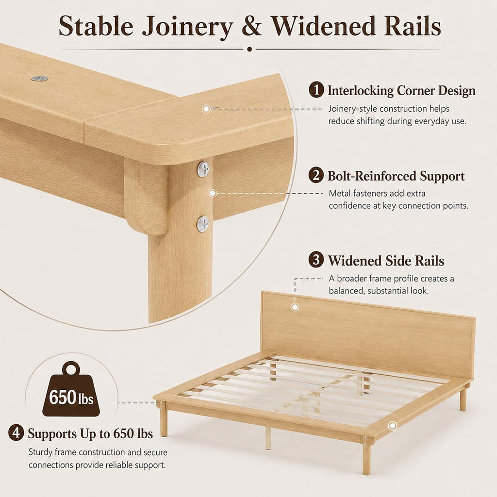 Low Profile Japanese Joinery Bed Frame with Headboard, Natural