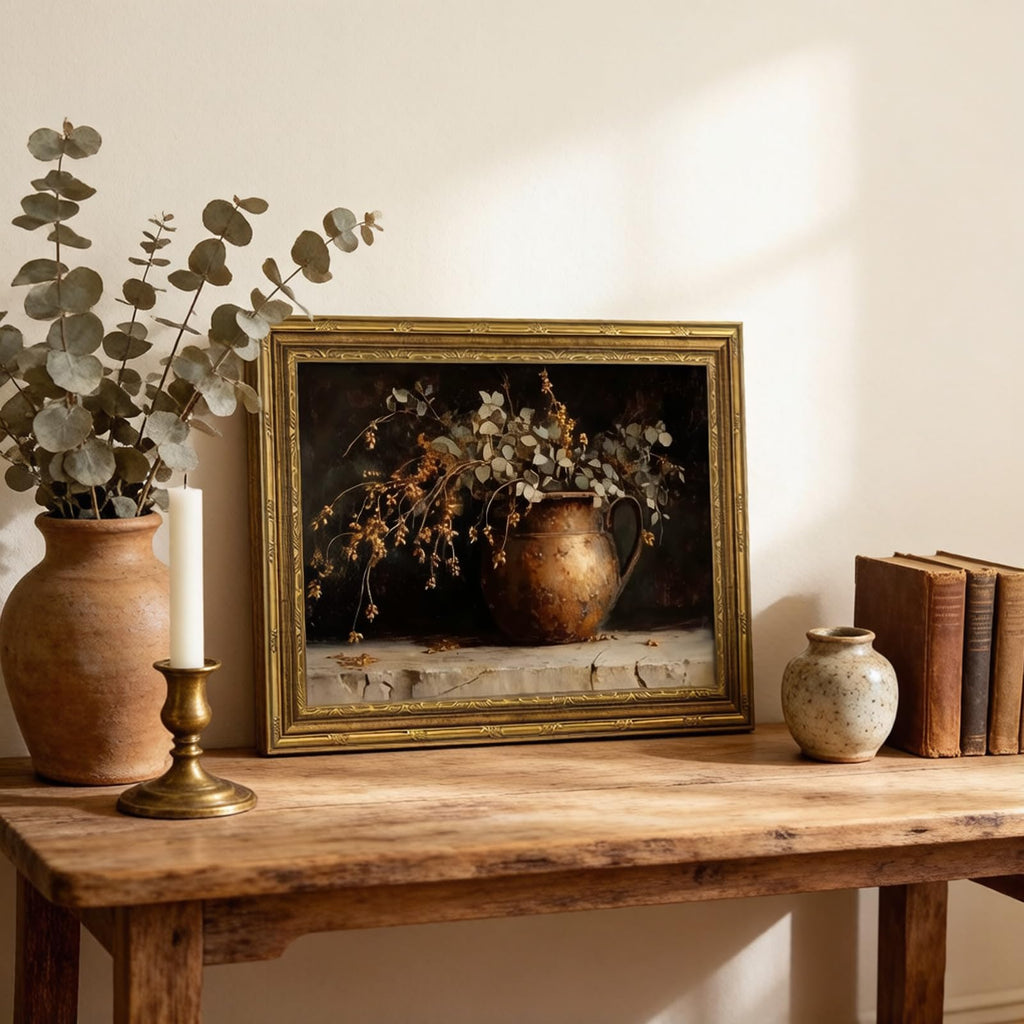 Gold Framed Vintage Eucalyptus Canvas Wall Art Rustic Farmhouse Copper Vase Botanical Pictures Print Moody Autumn