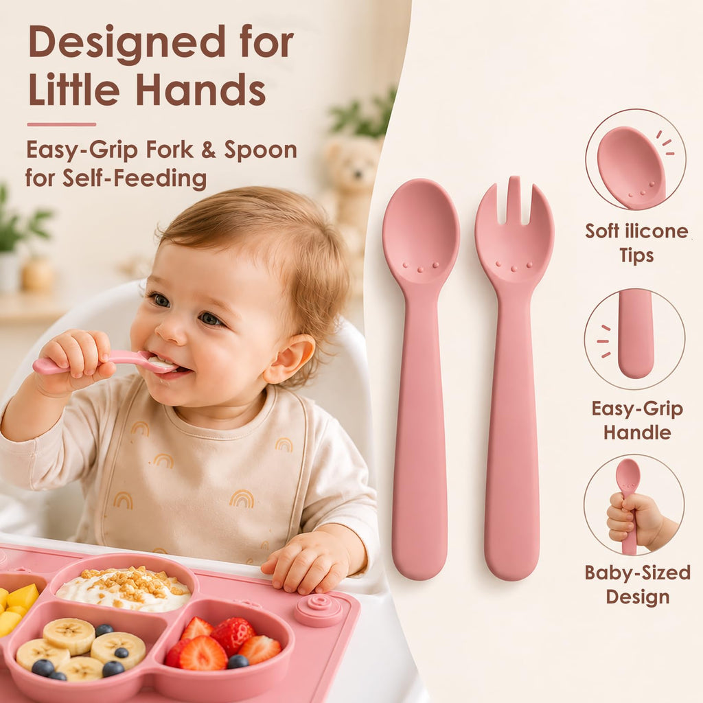Suction Plates for Baby Placemat Spoon Fork Set for Toddlers, Silicone Baby Plates with Suction Baby Dishes for Kids