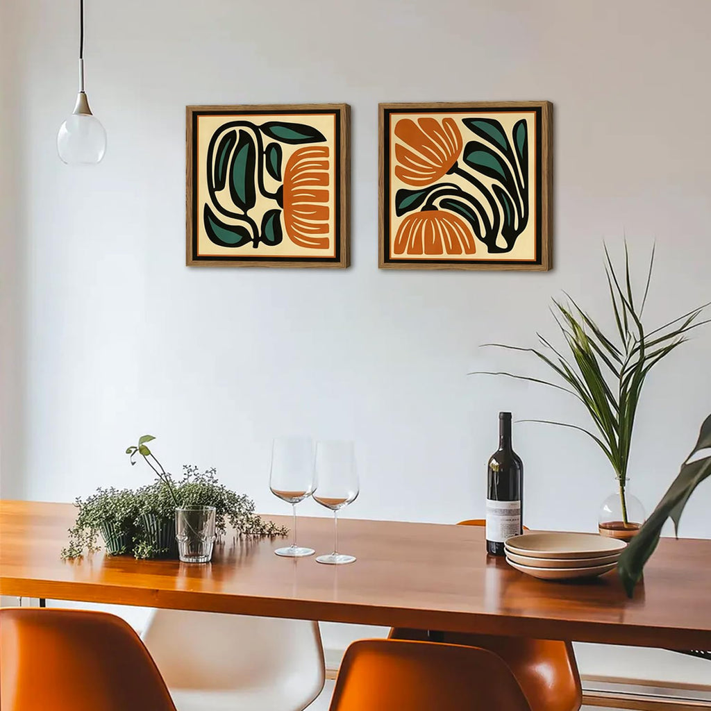 Mid Century Floral Wall Art Set of 2, Modern Square Abstract Botanical Wall Decor Picture, Vintage Boho Eclectic