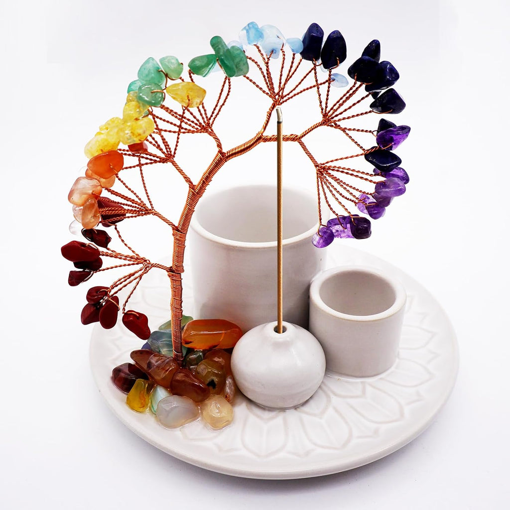 5 in 1 Incense Burner Holder with Crystal Healing Tree, Palo Santo Holder, Sage Holder, Incense Holder