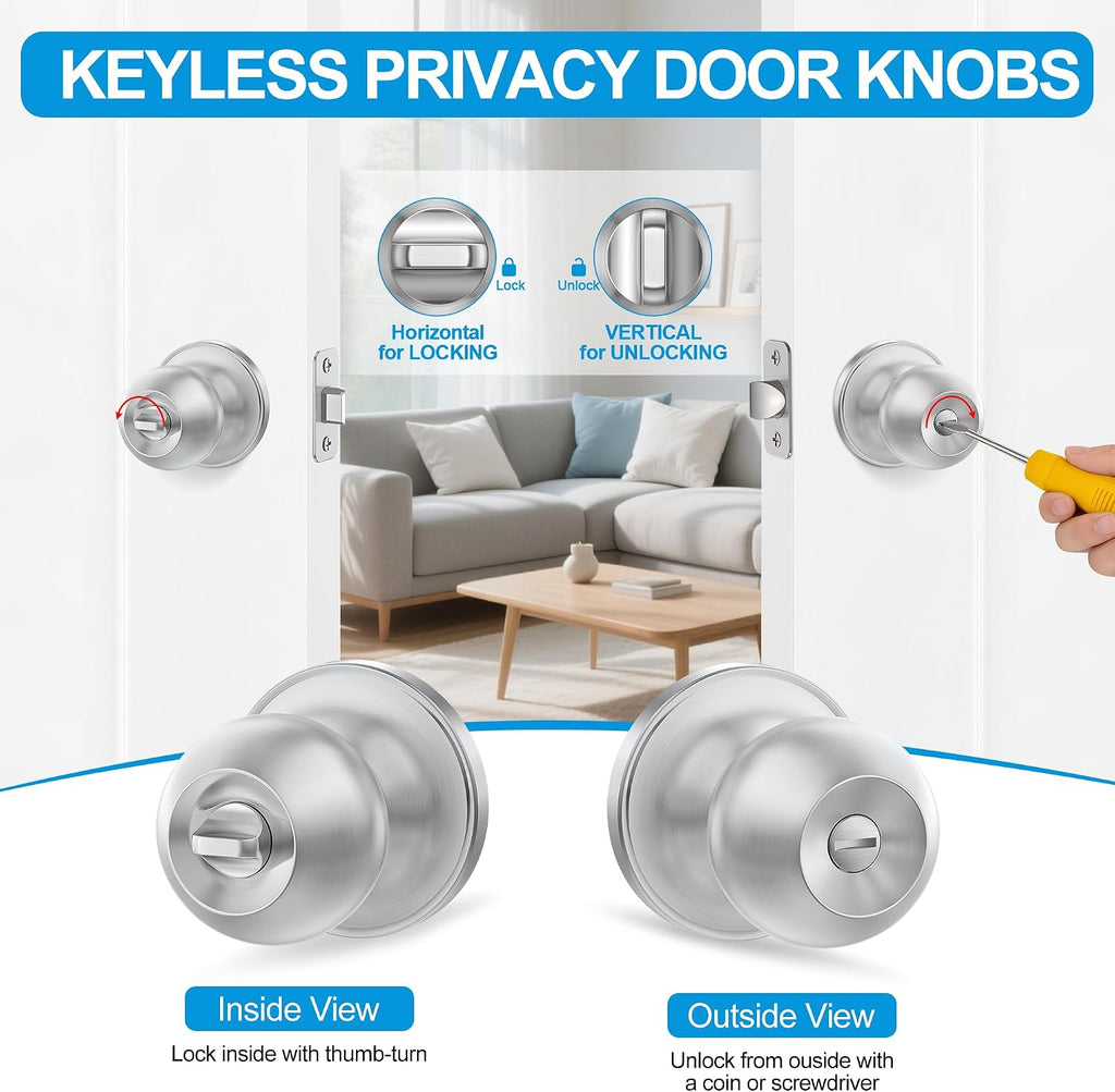 5 Pack Privacy Door Knobs Interior, Satin Nickel Doorknob with Lock -ANSI Grade-3 Certified, Keyless Door Locks