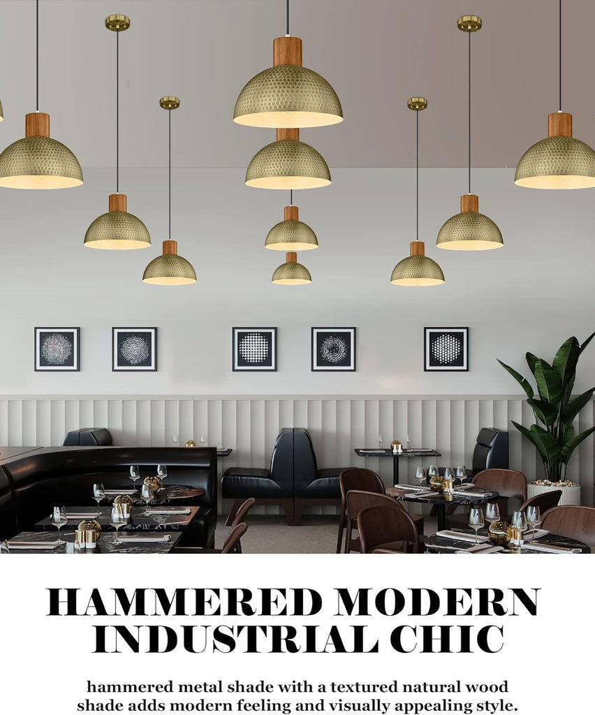 Vintage Pendant Light Fixtures, 12" Brushed Brass Hammered Metal & Rubber Wood Industrial Dome Hanging Lamp, Antique