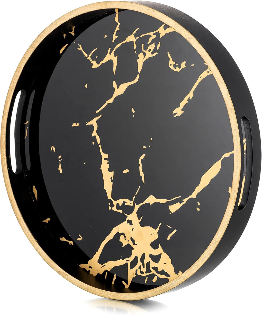Round Decorative Coffee Table Tray , Black Marble Finish | 11.8" Modern Circle Tray with Handles Counter, Living Room