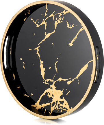 Round Decorative Coffee Table Tray , Black Marble Finish | 11.8" Modern Circle Tray with Handles Counter, Living Room