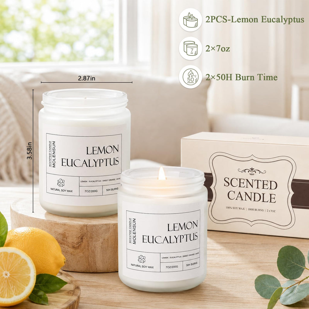 Lemon Eucalyptus Scented Soy Candles, 7 Oz 2 Pack Gift Box