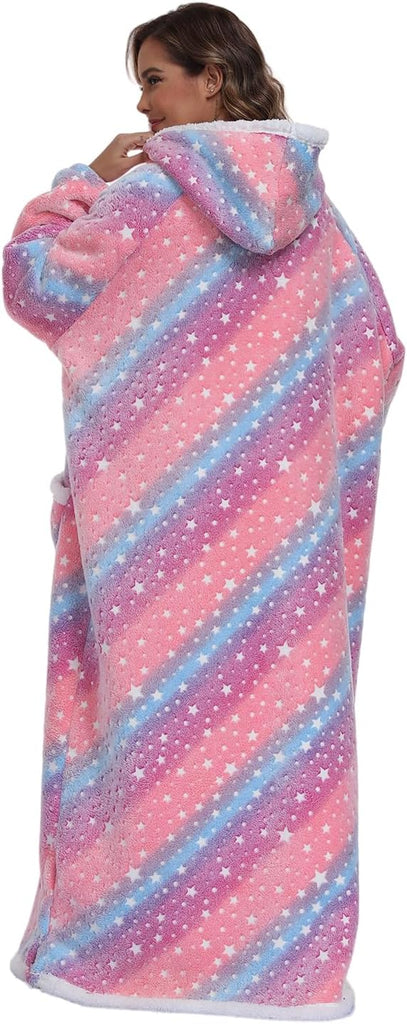 Oversized Wearable Hooded Blanket with Print Glow in The Dark Long Size(59in) Sherpa Warm Sweatshirt for Women