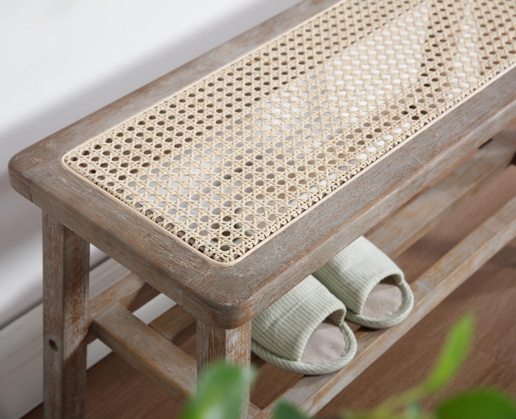Rattan Entryway Bench with Shoe Rack Natural Wood Storage Bench Indoor Wicker 30 Inches Small Bench Farmhouse Cane
