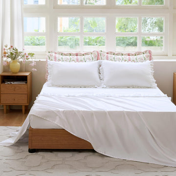 White Cotton Percale Ruffled Bed Sheet Set Sheets 4Pcs