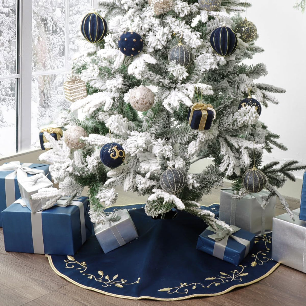 Christmas Tree Skirt, 36 inches Large Velvet Fur Plush Blue Tree Skirt, Xmas Tree Skirts with Gold Embroidered Holly