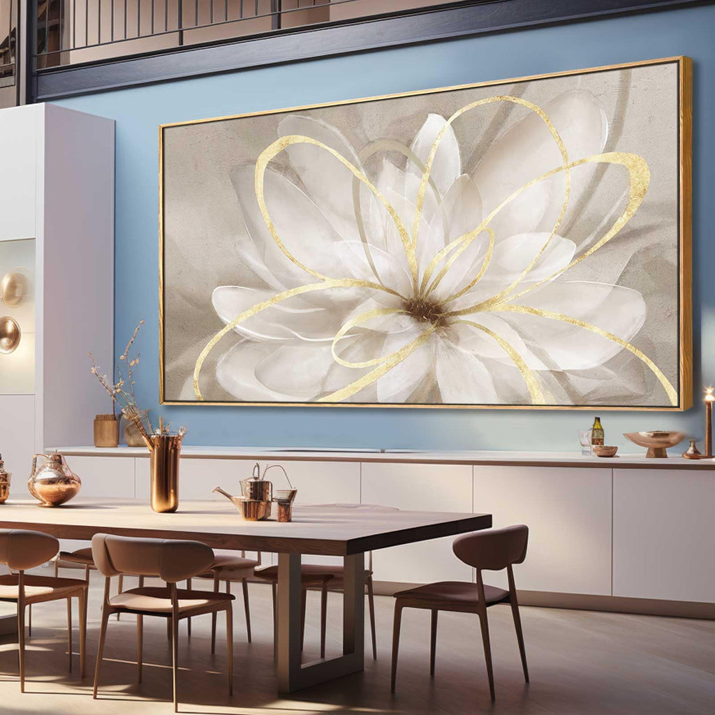 Large Framed Gold And White Floral Wall Art, 29x58 In