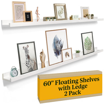 Picture Ledge Shelf for Wall [White, 60 Inch, 2 Pack] Narrow Floating Photo and Picture Shelves. Wooden Displaying
