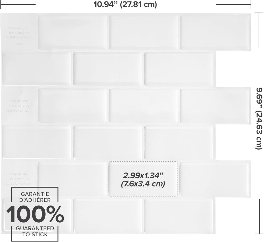 Peel and Stick backsplash, Subway Pure White, 10.95"x9.7" | Pack of 10 (6.3 sq ft), Glossy, Heat/Moisture Resistant