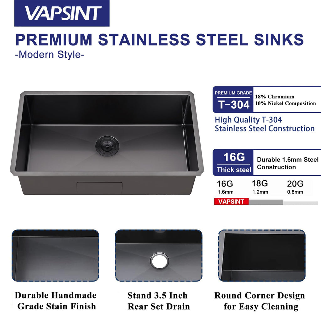 32x18 Inch Black Undermount Kitchen Sink, 32 Inch Sink with Grid