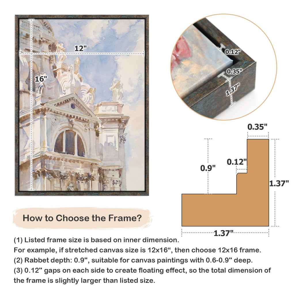 Rustic Floater Frame for 12x16 Canvas Paintings, 0.9" Deep, Blue Gold
