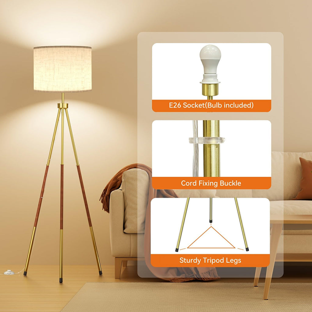 Mid Century Wood Tripod Floor Lamp with Remote & Foot Switch