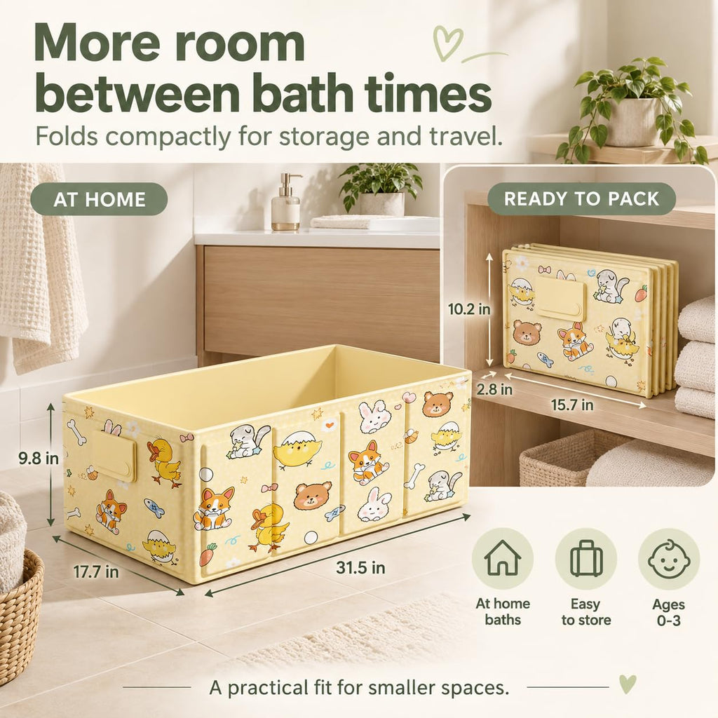 Foldable Baby Bathtub with Cute Animal Print, Portable Infant Bath Tub,31.5x17.7x9.8 Inch Expanded (Yellow)