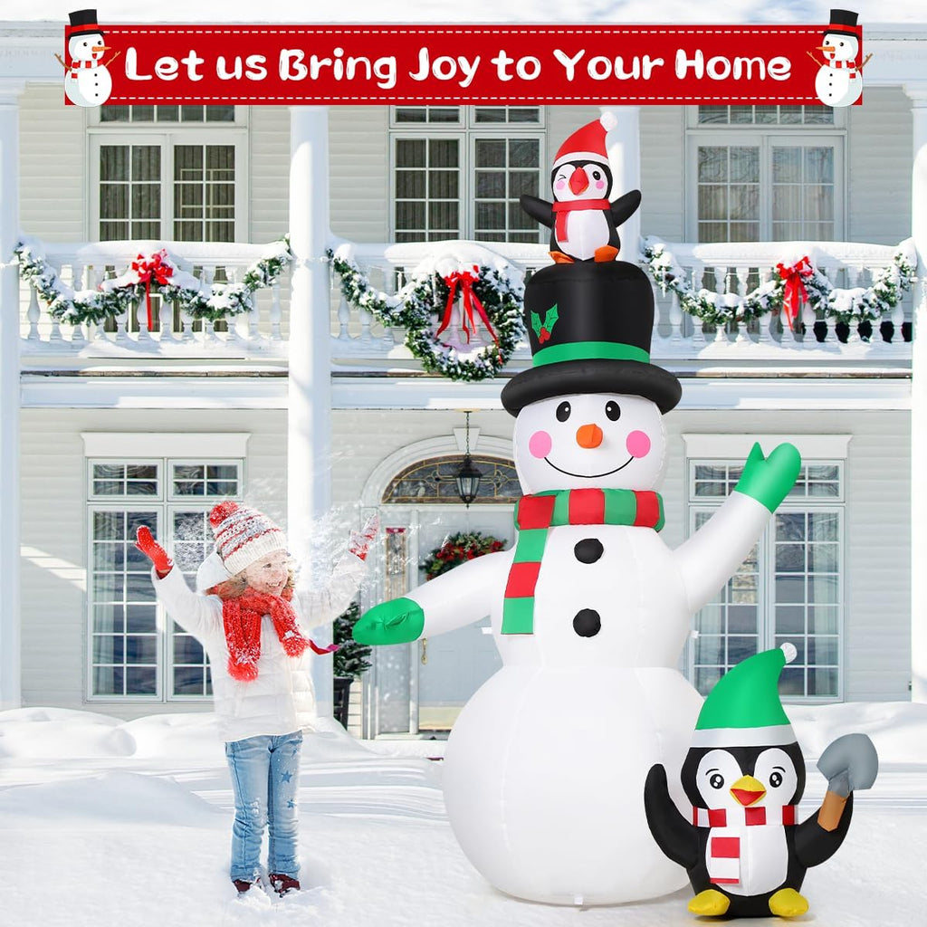 7 FT Christmas Inflatables Snowman and Penguin with Built-in Music & 360° Rotation Colorful Projector LED Light, Blow