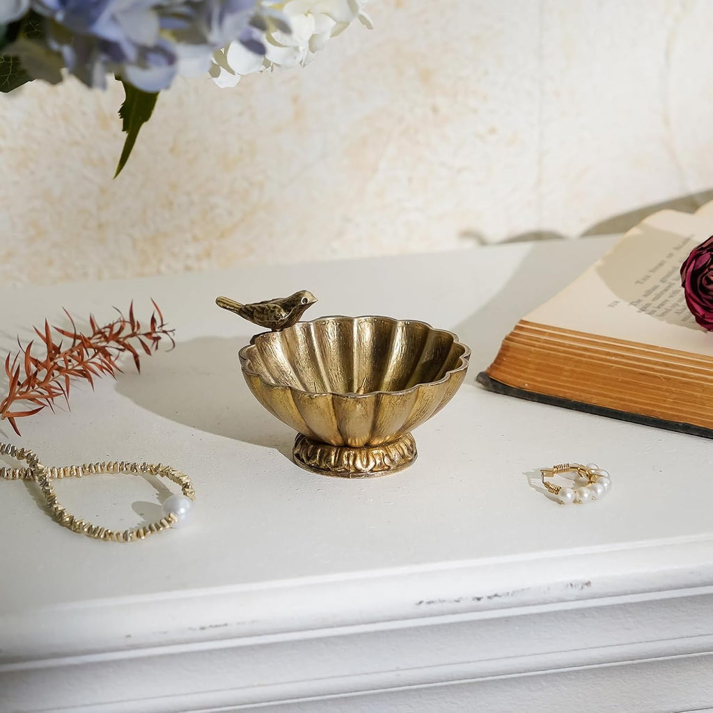 Vintage Gold Bird Jewelry Bowl, Small Metal Ring Trinket Dish