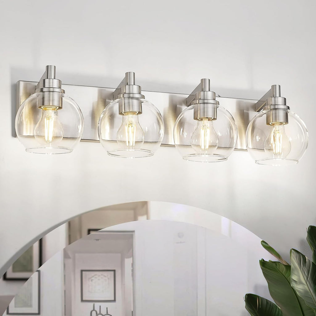 4-Light Brushed Nickel Bathroom Vanity Light, Clear Glass Globes | 26" modern bathroom light fixtures over mirror
