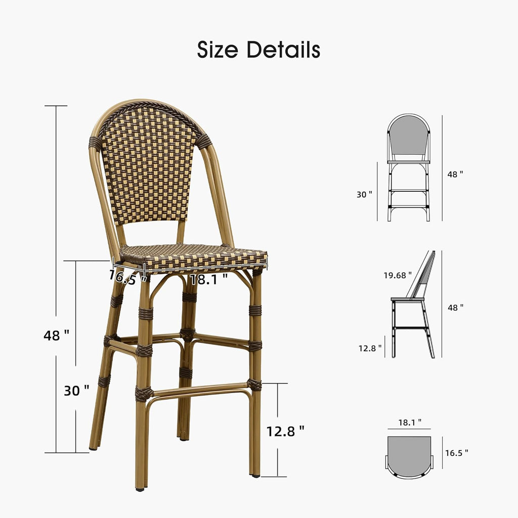 French Bar Stool Set of 4 Bamboo Print Finish Patio Bar Stools with Back Rattan Chairs Wicker Bar Height Stool 30"