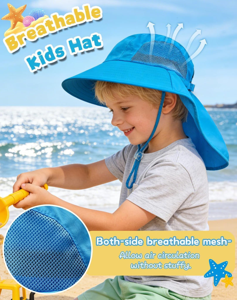 Kids Sun Hat with Neck Flap UV Protection Summer Toddler Beach Hat Unisex Ponytail Hat Wide Brim Fishing Hat