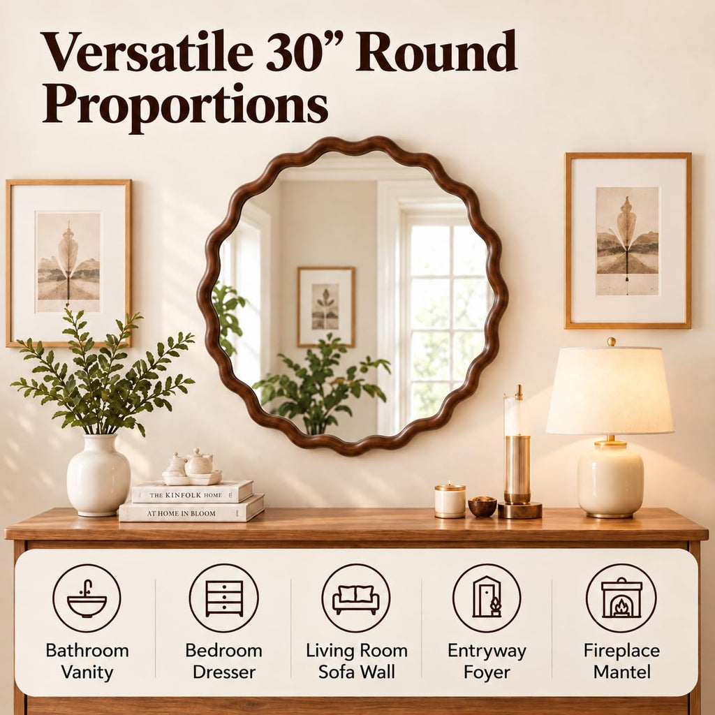 30" Walnut Wavy Round Mirror, Scalloped Wood Frame Wall Mirror