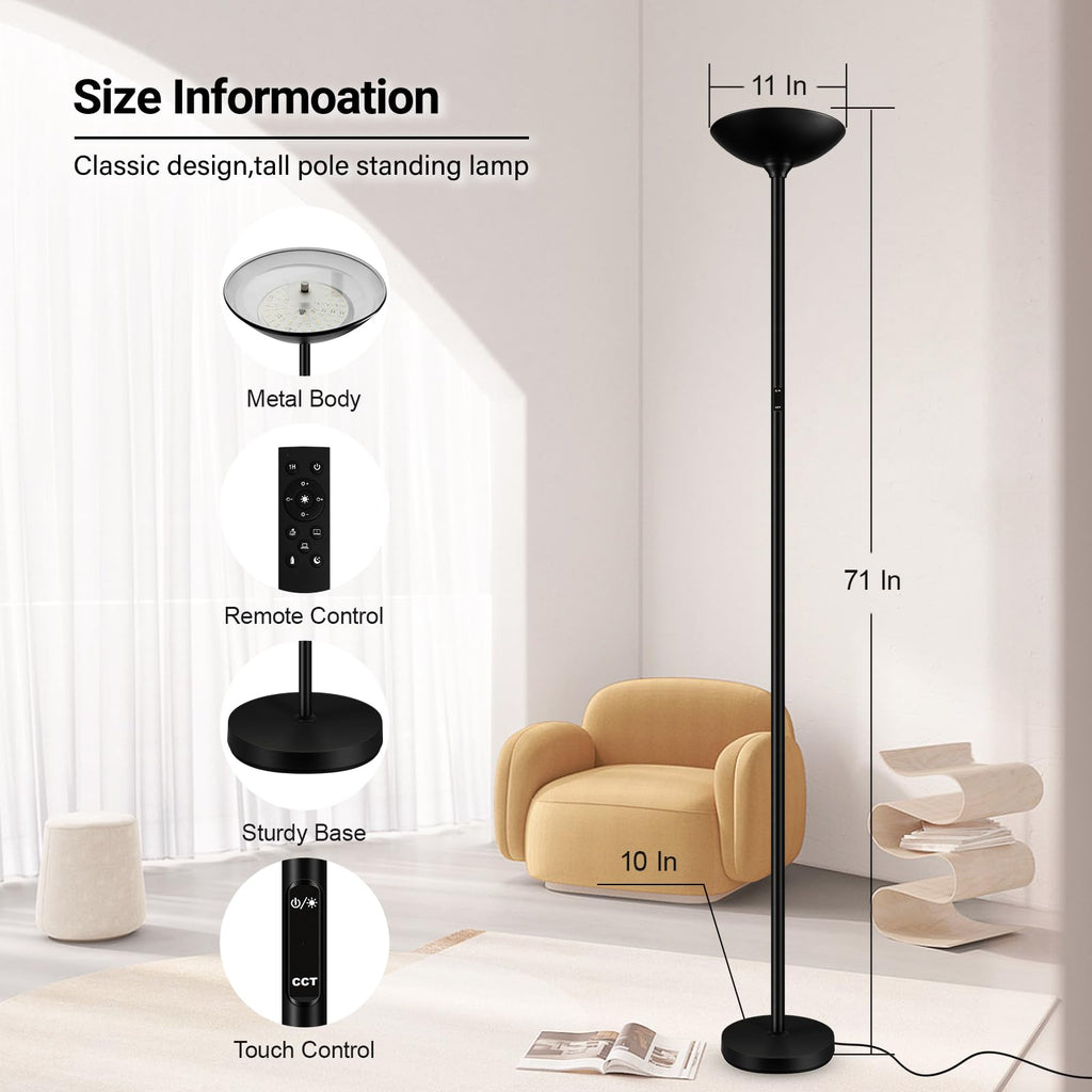 Dimmable Floor Lamp, Black, 30W LED Torchiere Standing Lamp