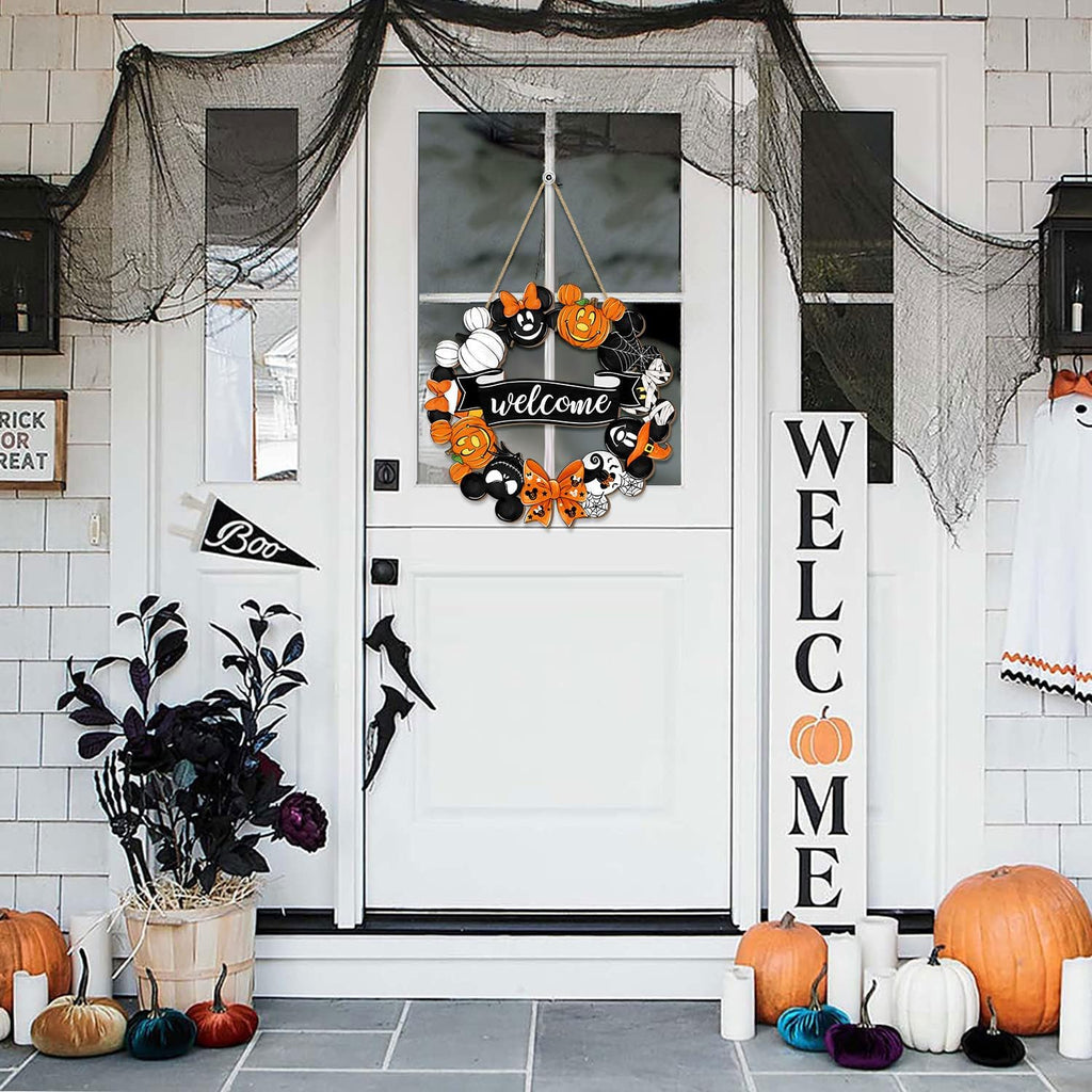 Halloween Mouse Wreath Door Decorations Welcome Hanging Sign, Happy Halloween Front Door Hanger Decor, Cute Wooden